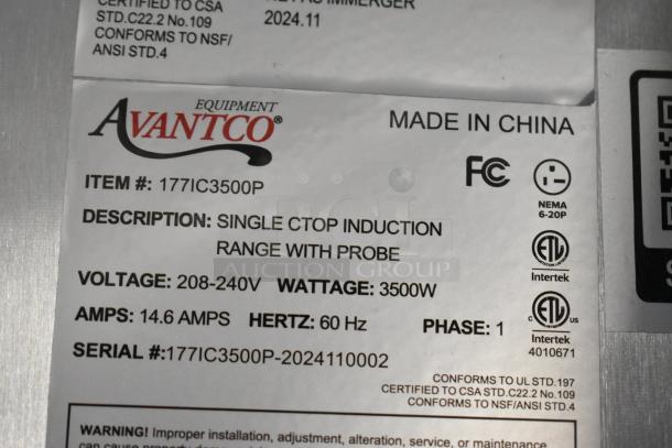 BRAND NEW Avantco 177IC3500P Stainless Steel Countertop Induction Range with Probe, 208-240V, 3500W, 1 Phase.