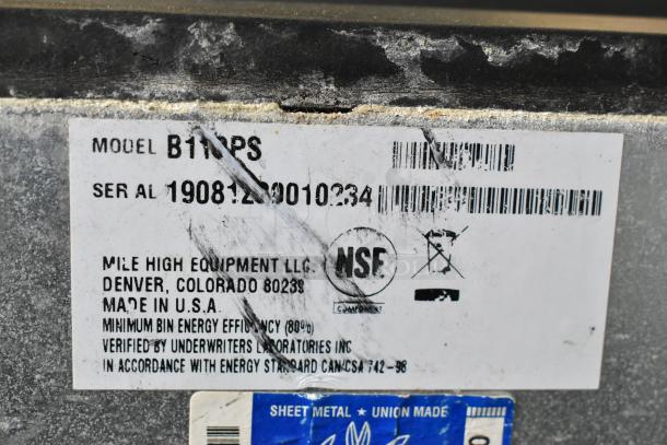 2019 Ice-O-Matic B11SPS Stainless Steel Ice Bin label, showing model, serial number, and NSF certification. Made in USA.