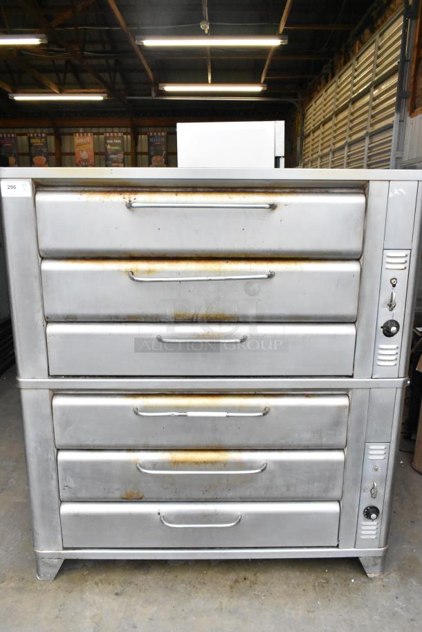 Blodgett stainless steel gas-powered double deck pizza oven, commercial use, showing signs of wear, tag "286."
