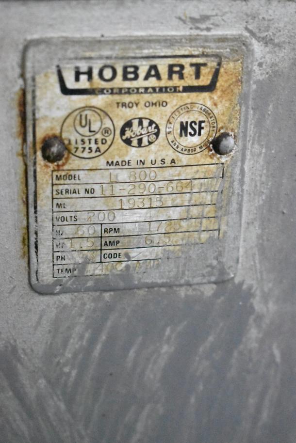 Hobart L 800 metal commercial 80 qt dough mixer label, showing model, serial number, and specs. Rust visible. 200V, 1 phase.