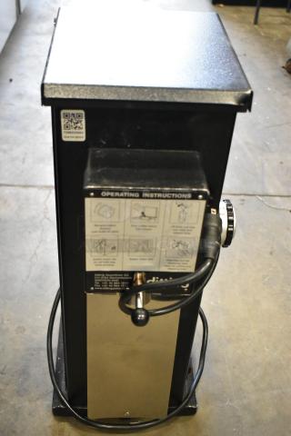 2016 Ditting KR1203 SB commercial coffee grinder, metal finish. Features operating instructions and QR code. 120V, 1 Phase.
