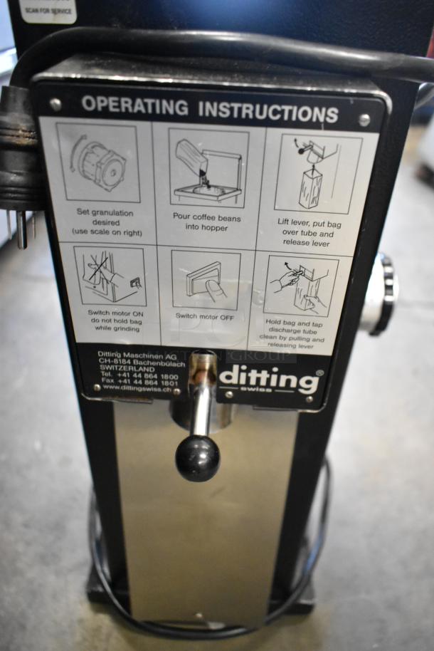 Ditting KR1203 SB commercial coffee grinder, metal body, operating instructions label visible, 120 volts, 1 phase, 2016 model.