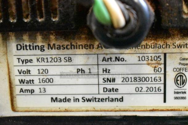 2016 Ditting KR1203 SB Commercial Coffee Bean Grinder label showing model, 120V, 1 Phase, and manufacturing details.