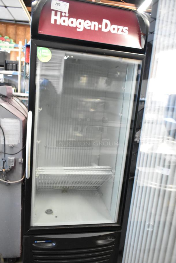 Minus Forty 22-USGF-X1-1C000-BK commercial freezer; single glass door, poly-coated racks, 115V, branded panel.