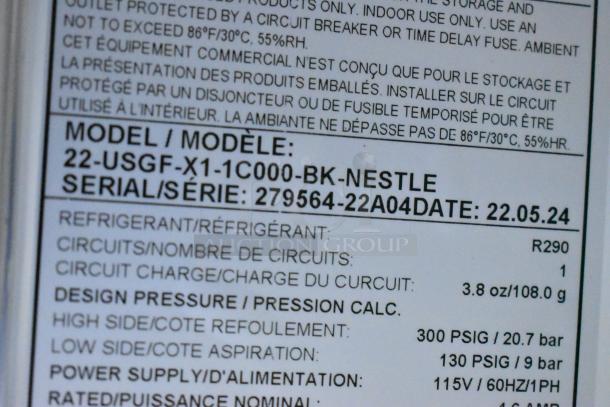 Minus Forty commercial freezer label, model 22-USGF-X1-1C000-BK. Features R290 refrigerant, 115V, 60Hz, 1 phase. Serial 279564-22A04.