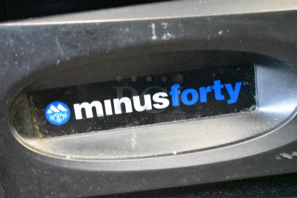 Minus Forty logo on commercial freezer model 22-USGF-X1-1C000-BK, metal construction, poly coated racks, 115V.