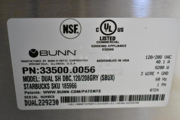 2024 Bunn DUAL SH DBC coffee machine, stainless steel, dual brew, hot water dispenser, 120/208V, model details label.