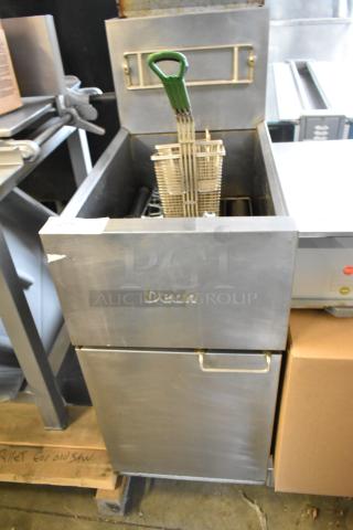 Dean SR152GN Stainless Steel Commercial Floor Style Natural Gas Powered Deep Fat Fryer w/ 2 Metal Fry Baskets. 120,000 BTU. - Item #1222922