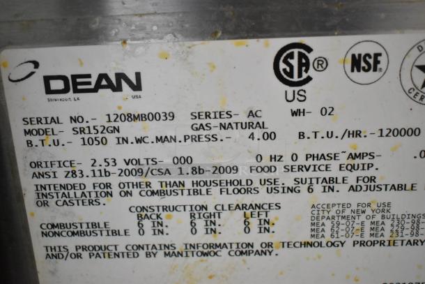 Dean SR152GN stainless steel gas fryer, 120,000 BTU, with 2 baskets. Label: model, serial number, and certification details.