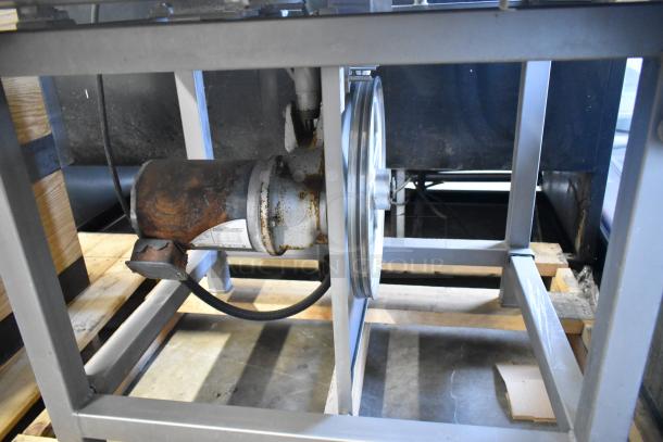 Hobart 6801 commercial meat saw, 200-230V, 3-phase; visible rust on motor, mounted on wooden pallet.