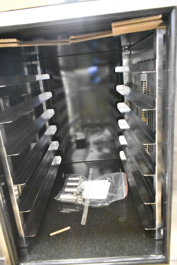 Brand new 2024 Moffat E35D6-26-P263 convection oven, stainless steel, steam injection, 208V, 3-phase, shows broken glass door.