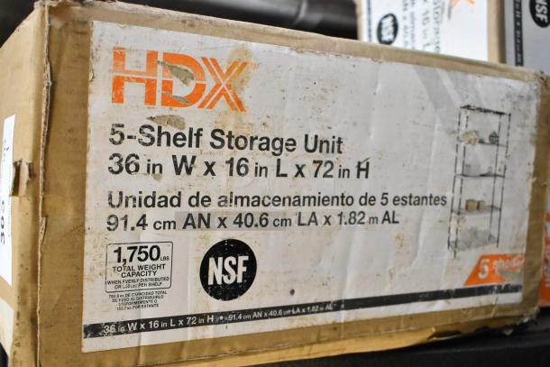 Brand new HDX 5-shelf storage unit, 36"W x 16"L x 72"H. Scratch and dent condition. Total weight capacity: 1,750 lbs.