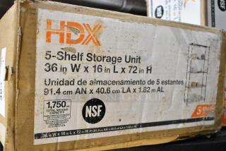 Brand new HDX 5-shelf storage unit, 36"W x 16"L x 72"H. Scratch and dent condition. Total weight capacity: 1,750 lbs.