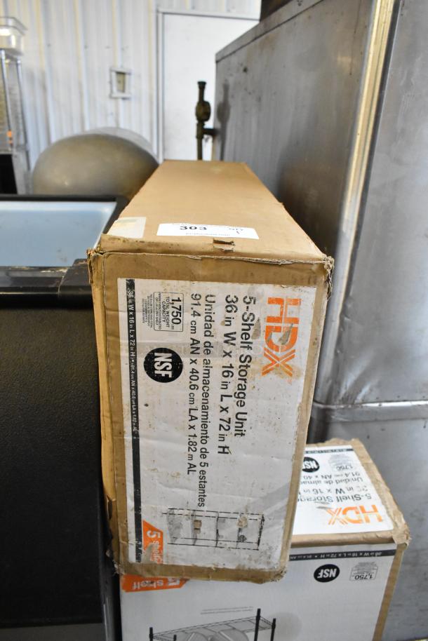 Boxed HDX 5-Shelf Storage Unit, 36x16x72 inches, brand new with minor package damage, label indicates NSF certification.