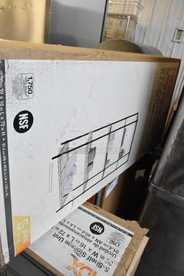 Brand new HDX 5 Shelf Storage Unit, scratch and dent, in box. Dimensions: 36x16x72 inches. NSF certified, 1750 lbs capacity.
