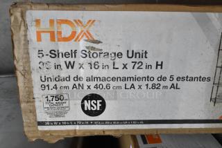 Alt text: "Brand new HDX 5-shelf storage unit, dimensions 36x16x72 inches, scratch and dent, 1750 lbs capacity, NSF certified."