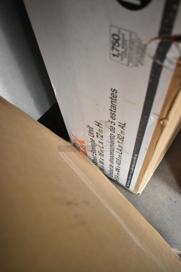 BRAND NEW HDX 5 Shelf Storage Unit, size 36"x16"x72", in box, shows scratch and dent on packaging.