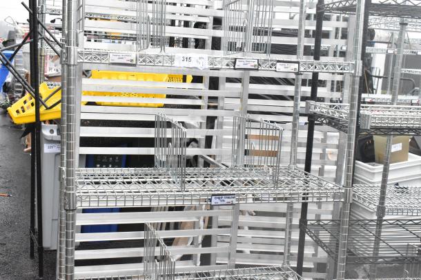 Chrome finish 6-tier wire shelving unit in good condition. Tags indicate dismantling required. Consider freight charges.