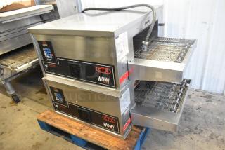 Middleby Marshall CTX DZ33I stainless steel commercial electric conveyor pizza ovens on casters, 208V, 3/1 phase.
