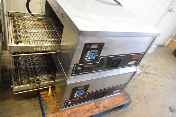 Pair of 2021 Middleby Marshall CTX DZ33I stainless steel conveyor pizza ovens on casters, 208V, 3/1 Phase, commercial use.