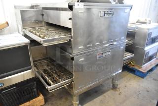 Two 2021 Middleby Marshall PS638G stainless steel natural gas conveyor pizza ovens on casters, 89,000 BTU each.