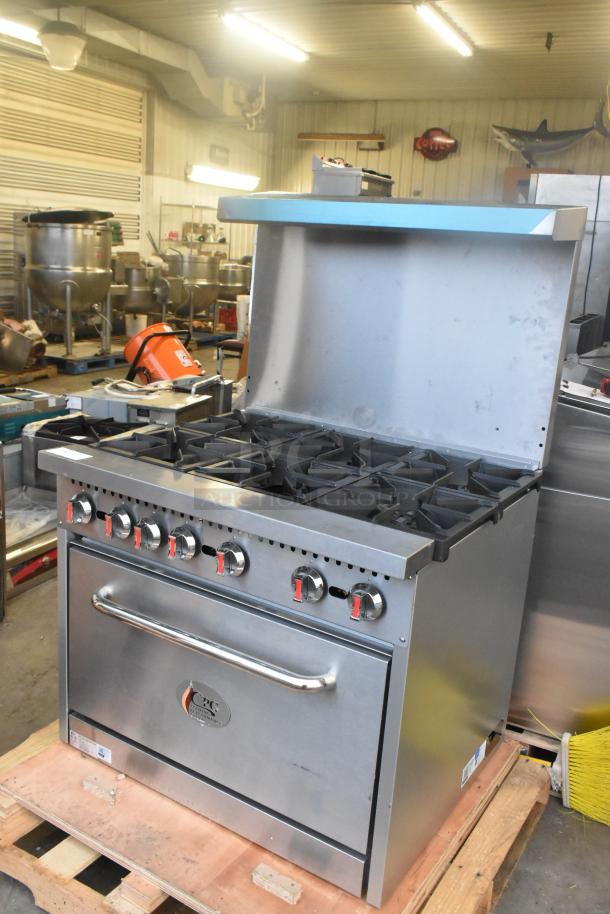 Stainless steel 2025 Cooking Performance Group S36-L 351S36L commercial 6-burner range with oven, 210,000 BTU, new condition.