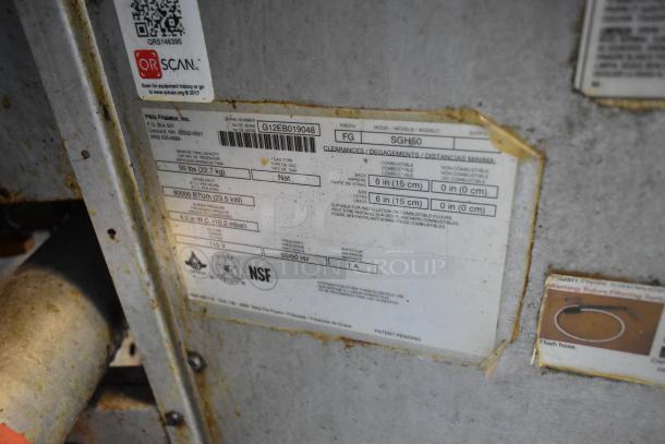 Pitco Frialator SGH50 label showing specifications for a stainless steel commercial natural gas fryer, 80,000 BTU.