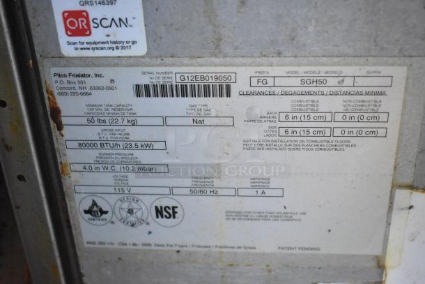 Pitco Frialator SGH50 label details; commercial natural gas fryer, 80,000 BTU, NSF certified, 4 bay, on casters.