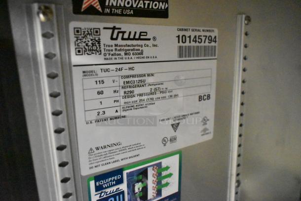2021 True TUC-24F-HC undercounter freezer label showing model, 115V, 1 Phase, refrigerant R290 details.