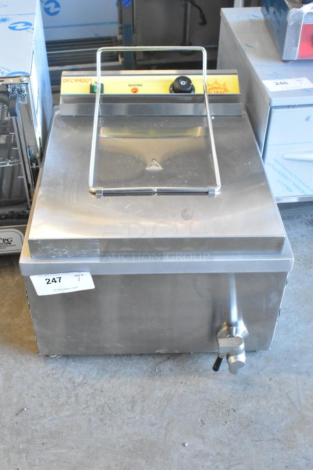 Brand new Carnival King 382DFC44001 fryer, 25 lb. capacity, stainless steel, 240V, 1 Phase, scratch and dent condition.