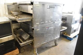 2 2021 Middleby Marshall PS638G Stainless Steel Commercial Natural Gas Powered Conveyor Pizza Ovens on Commercial Casters. 89,000 BTU. 2 Times Your Bid! - Item #1222287
