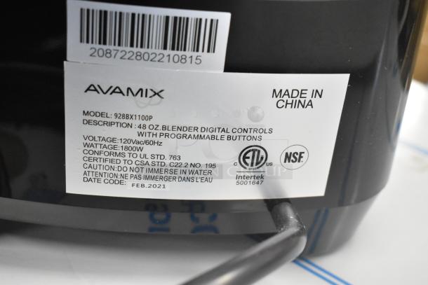 Brand new AvaMix 928BX1100P 3 1/2 hp commercial blender. Features programmable touchpad, timer, and 48 oz Tritan jar. 120V.