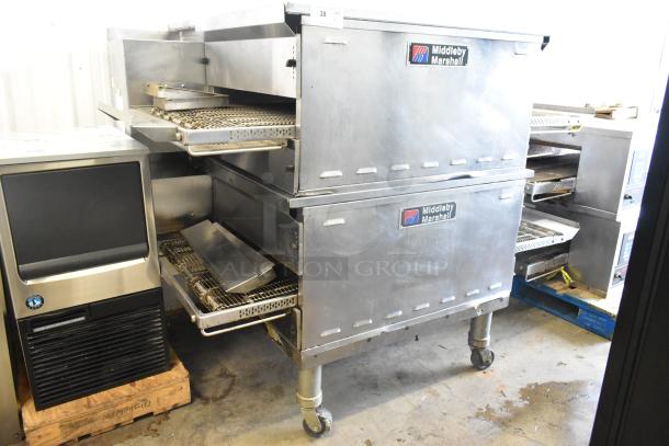 Two Middleby Marshall PS638G stainless steel conveyor pizza ovens on casters, 89,000 BTU, commercial condition.