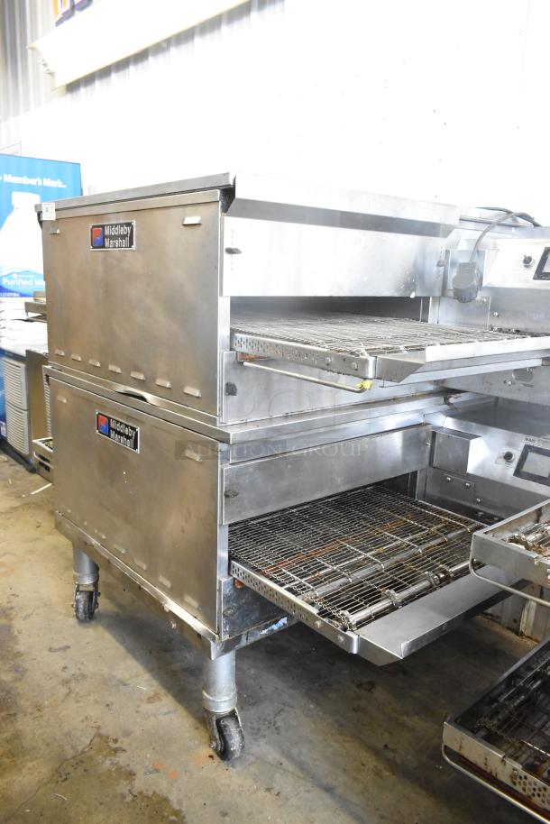 Middleby Marshall PS638G stainless steel conveyor pizza ovens, 2021 model, commercial casters, natural gas, 89,000 BTU.