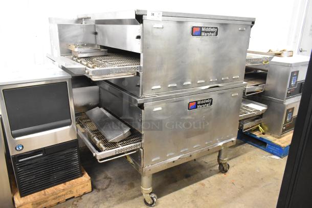 2021 Middleby Marshall PS638G stainless steel conveyor pizza ovens, natural gas, on commercial casters, 89,000 BTU.