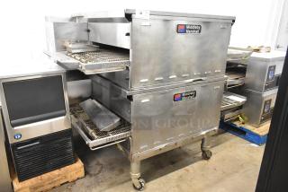 2021 Middleby Marshall PS638G stainless steel conveyor pizza ovens, natural gas, on commercial casters, 89,000 BTU.