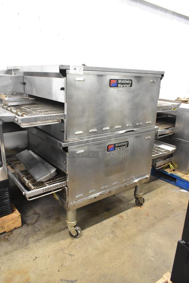 Middleby Marshall PS638G stainless steel gas conveyor pizza ovens on casters, 89,000 BTU, commercial use.