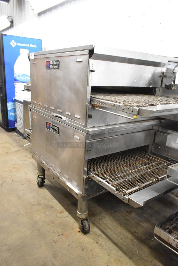Middleby Marshall PS638G stainless steel conveyor pizza ovens, natural gas, 89,000 BTU, on casters, commercial use.