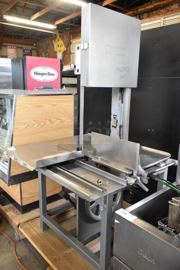 Hobart 6801 metal commercial floor meat saw, 200-230 volts, 3 phase. Includes visible branding and model markings.