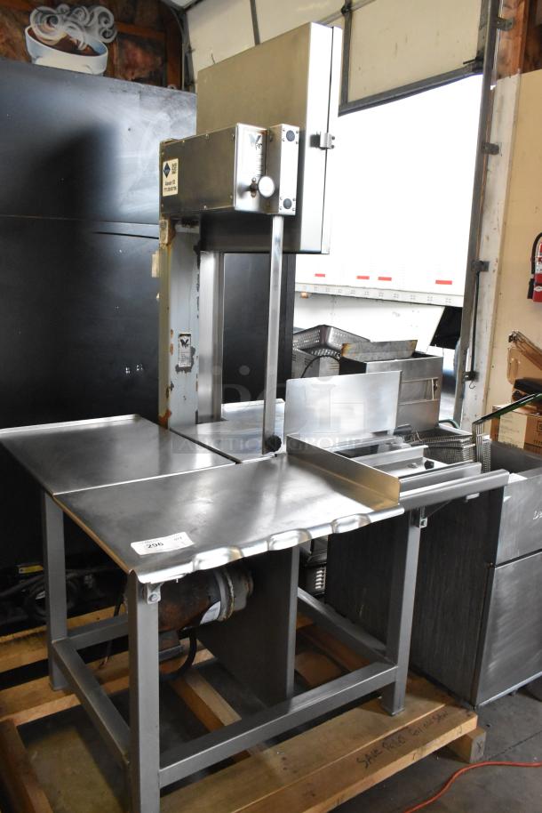 Hobart 6801 metal commercial floor-style meat saw, 200-230 volts, 3 phase, well-maintained, stainless steel.