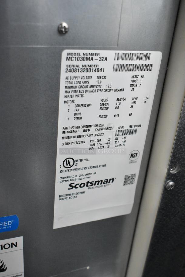 2024 Scotsman MC1030MA-32A Prodigy Elite Ice Machine label, new, 1077 lb capacity, 208/230V, commercial use.