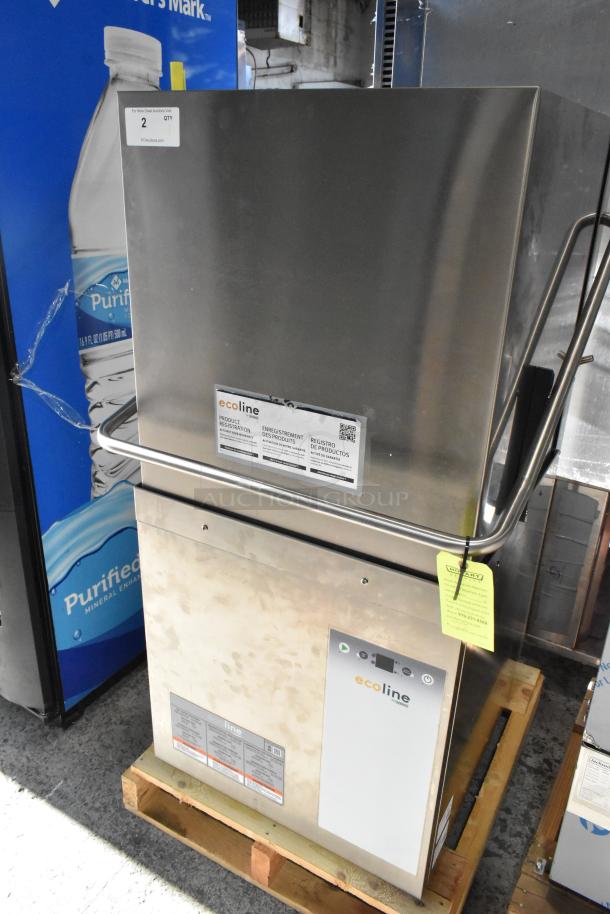 Brand new Hobart Ecoline EDH-1 stainless steel commercial dishwasher with booster heater, 208-240V. Minor scratches and dents.