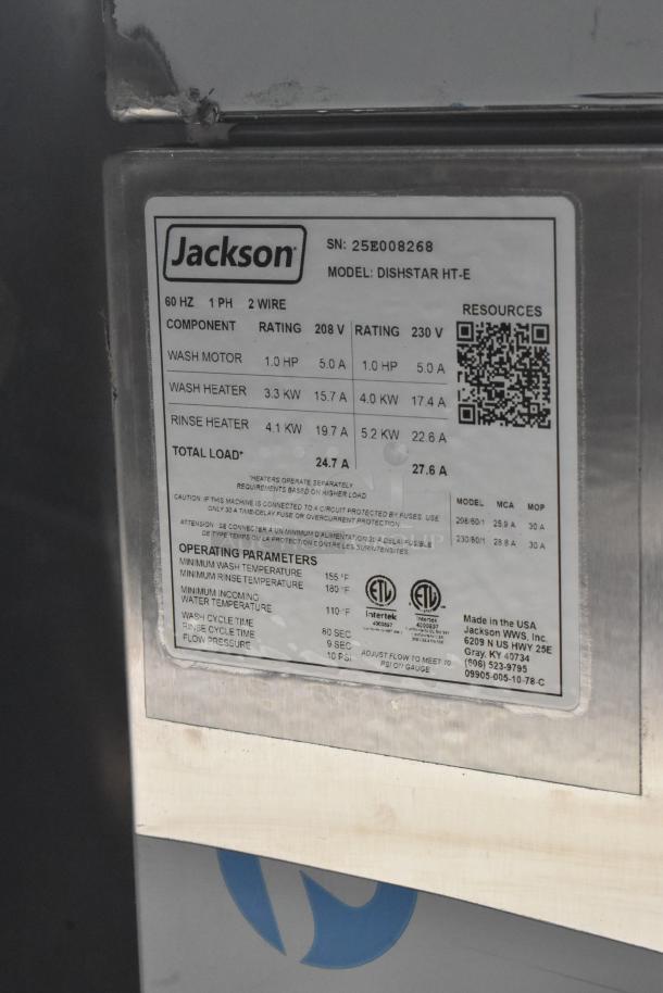 Brand new Jackson DISHSTAR HT-E stainless steel dishwasher label, showing power ratings and operating parameters. Model: 2025. 208/230V, 1-phase.