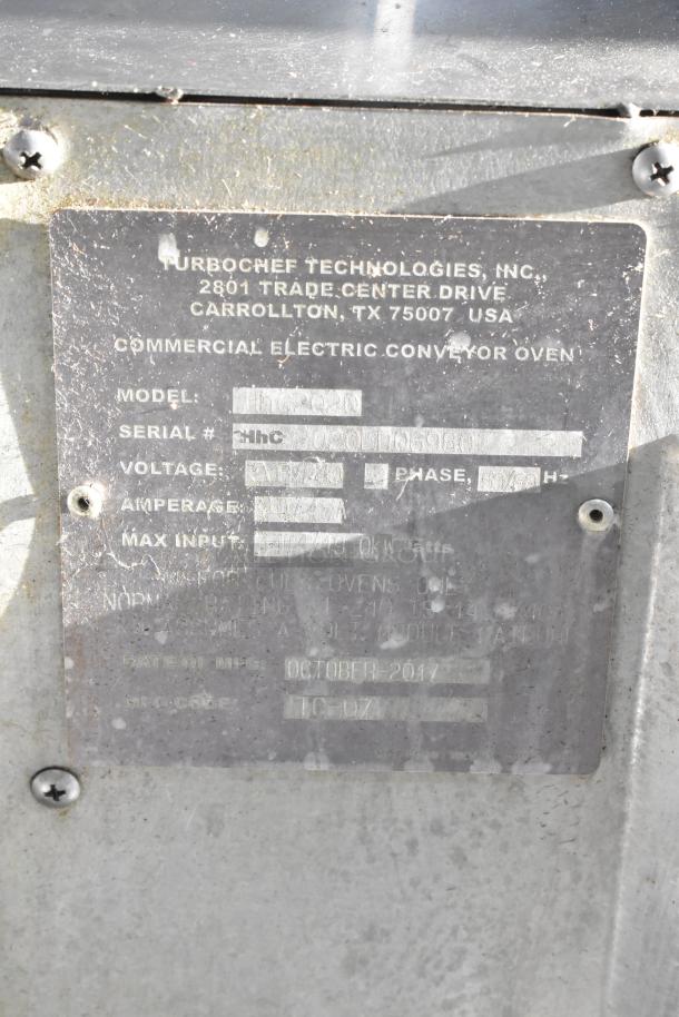 Turbochef HhC2020 stainless steel commercial conveyor oven, 208/240V, 3 Phase. Serial visible. Made October 2017.