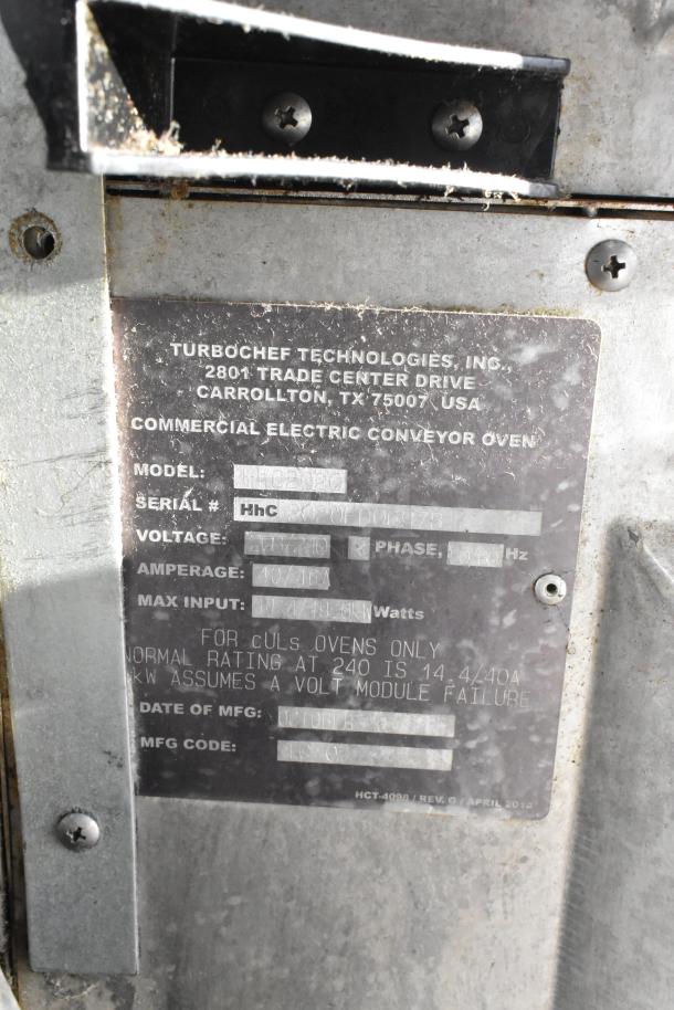 Plaque on Turbochef HhC2020 oven shows model, serial number, voltage, and manufacturing details. Used condition.