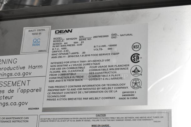 Dean SR162GN stainless steel deep fat fryer label, 75 lb capacity, natural gas, 150,000 BTU. Certified for food service.