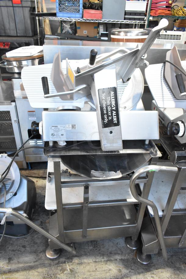 Bizerba SE 12 US commercial meat slicer with blade sharpener on stainless steel stand, 120V, with allergy alert label.