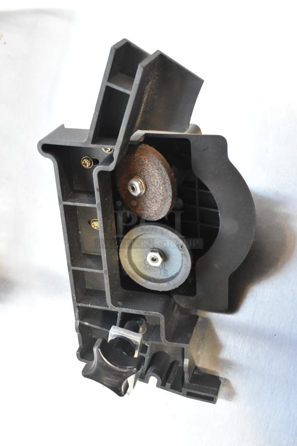 Bizerba SE 12 US meat slicer with blade sharpener, stainless steel stand, 120V, 1 phase. Durable commercial kitchen equipment.