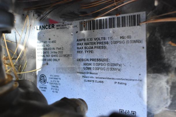 2022 Lancer TP30 tag with manufacturing and electrical info. Part no. 82-4692, 115 volts, indoor use only.