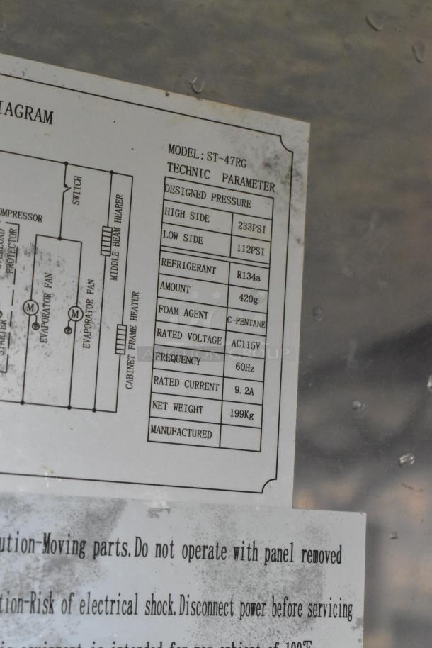 SABA ST-47RG stainless steel cooler label showing technical parameters, refrigerant type, voltage, and weight.